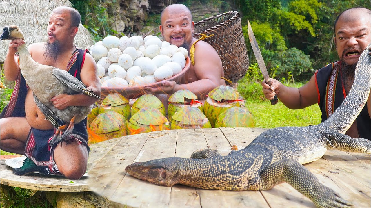 Recipes: Whole Steamed Monitor Lizard - Eggs baked in a Coconut - Grilled Goose on a Vertical Grill
