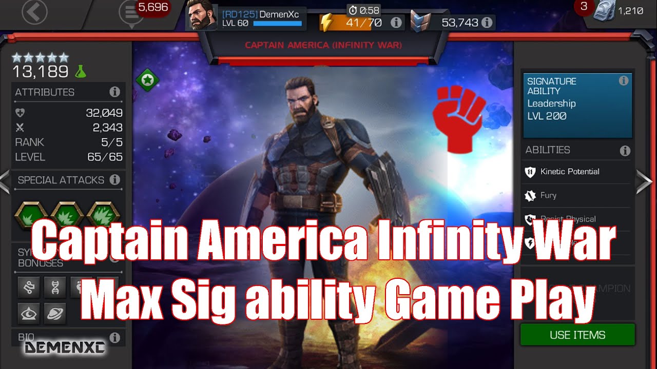 Captain America Infinity War Max Sig 200/200 Game play - Leadership (Skill) Part 1