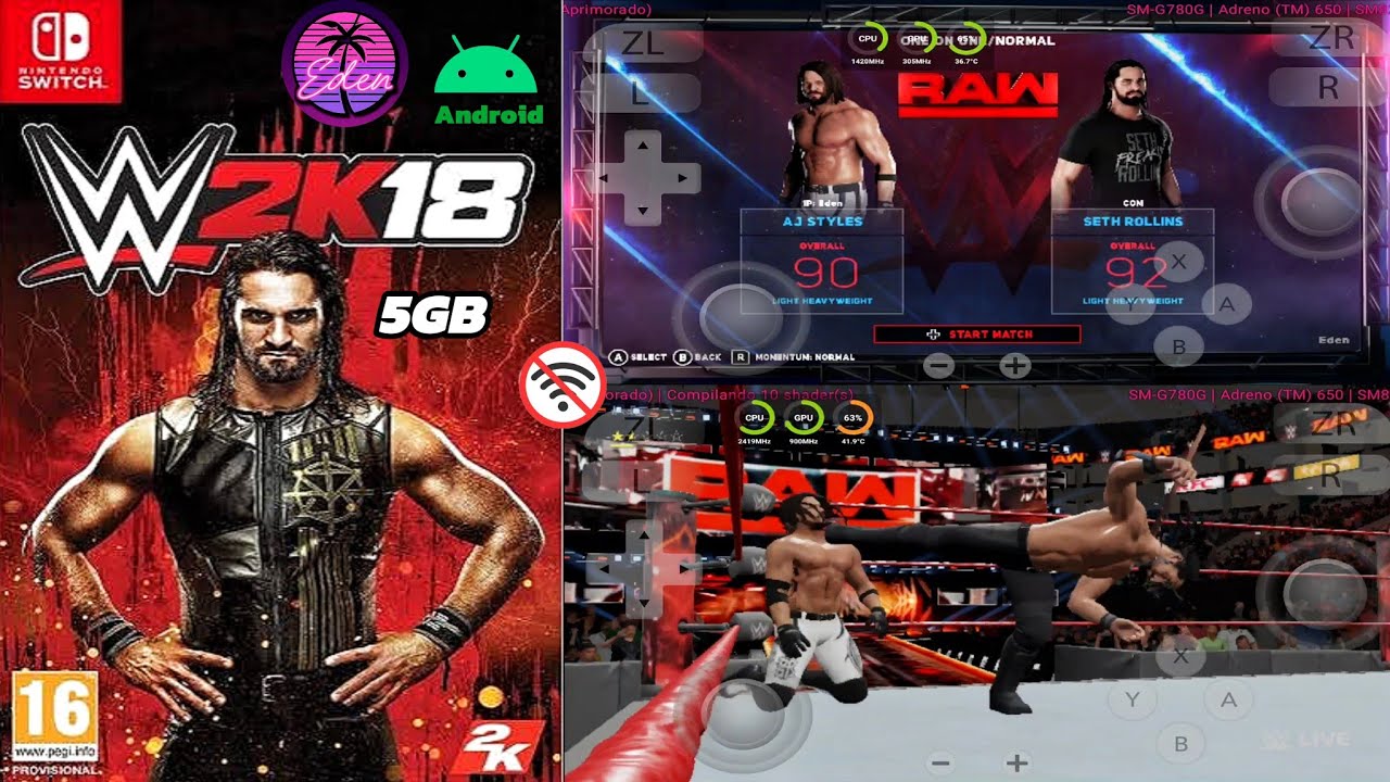 Официальный эмулятор WWE 2K18 Android Eden. Геймплей AJ Styles против Seth Rollins.