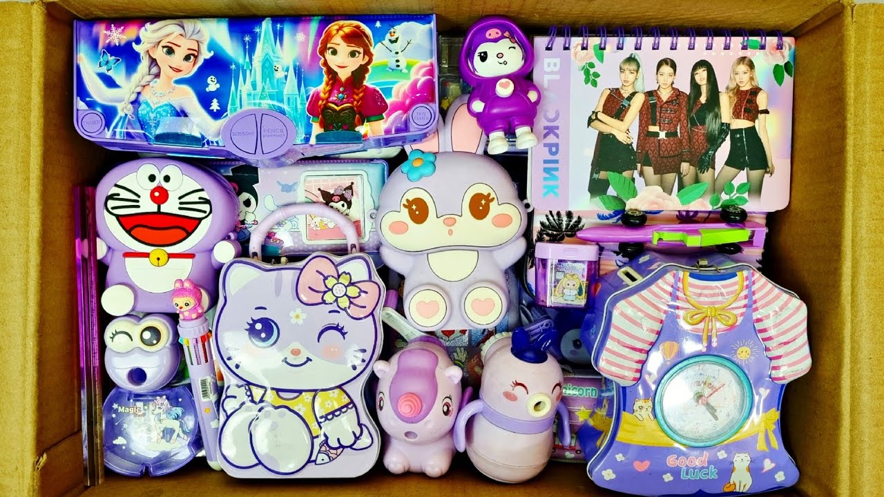 Unboxing Purple Stationery, Magic Eraser, Sharpener, Money bank, Pouch, Erasner, Pencil Case, Dairy