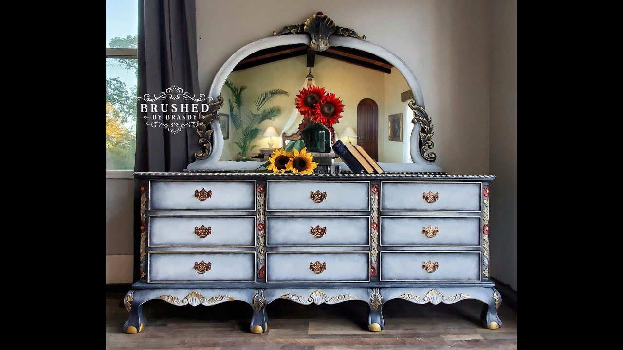 Doing a dry brush blending technique with chalk paint on vintage furniture