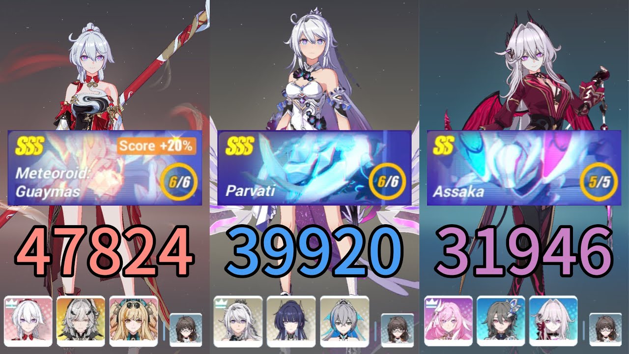 [HI3] Exalted Memorial Arena 119,690pts|Meteoroid: Guaymas(47824/47808) Parvati(39920) Assaka(31946)
