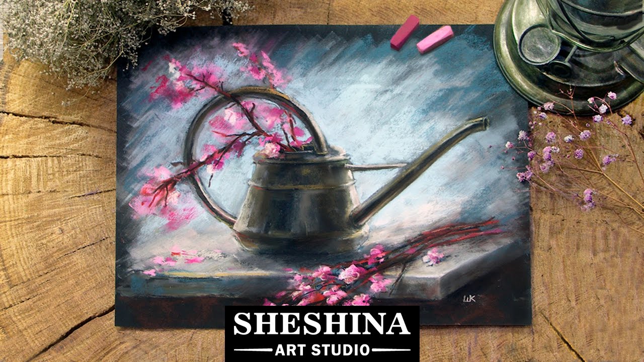 How to draw an old watering can and blossoming branches with soft pastels 🎨 Flowers