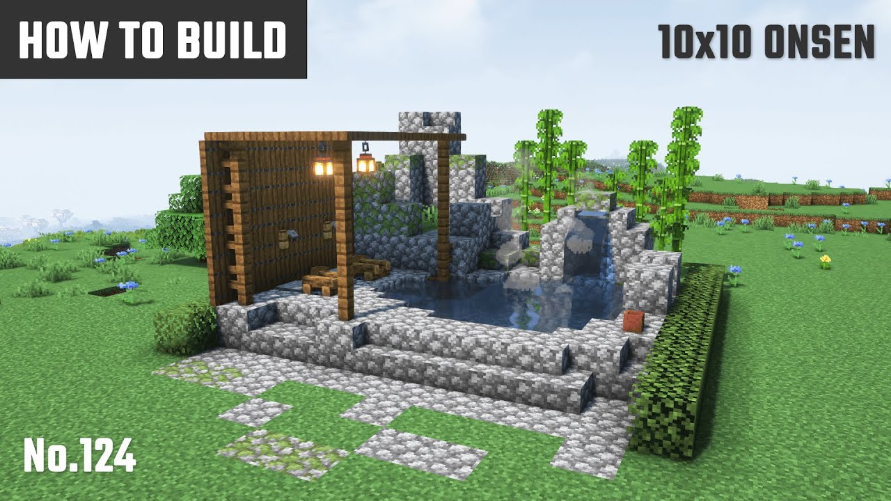 マイクラ建築：露天風呂の作り方。温泉にある岩風呂形式。10x10ブロックで簡単に。No.124【Minecraft】