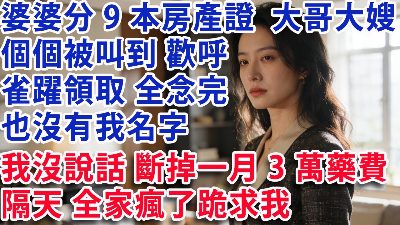 【满分爽文】婆婆壽宴上  分9本房產證  大哥大嫂一個個被叫到  歡呼雀躍領取 9個全念完  也沒有我名字 我沒說話 默默斷掉一月3萬藥費 隔天全家瘋了跪求我#婆媳 #家庭 #老年生活