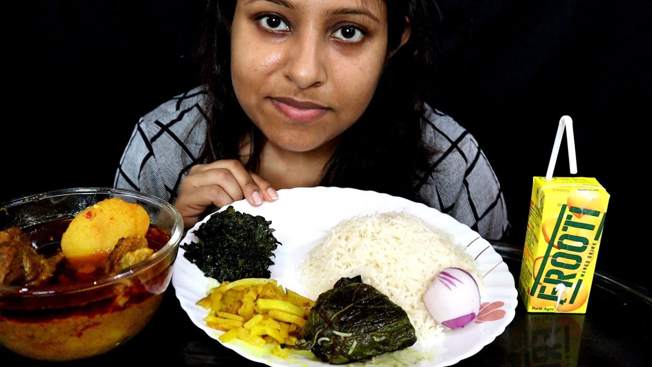 Eating Show-Rice, Aloo Vaja, Kolmi Sak,Vetki Paturi, Spicy Mutton Curry |Poulami Eating Show|Mukbang