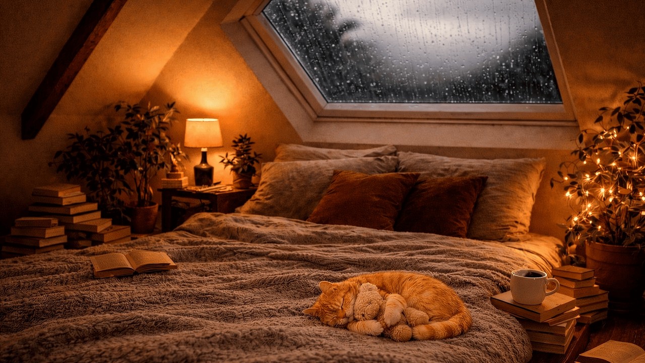 Rainy Night Sleep Ambience with Cozy Bedroom & Sleeping Cat 🐾 Heavy Rain Sounds (1 hour)