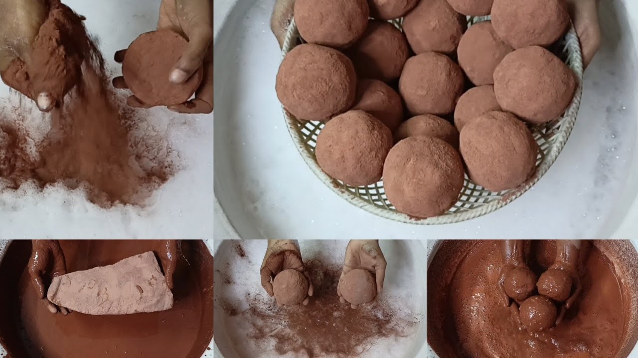 Soft Crunchy Powdery Red❤️Dirt Balls Crumbling in Foamy💦+Slabs on Paste & Paste Mixing ASMR