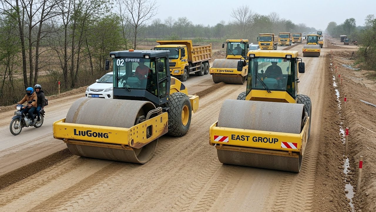 Powerful road rollers, dump trucks, and heavy machinery team up to create a brand new highway
