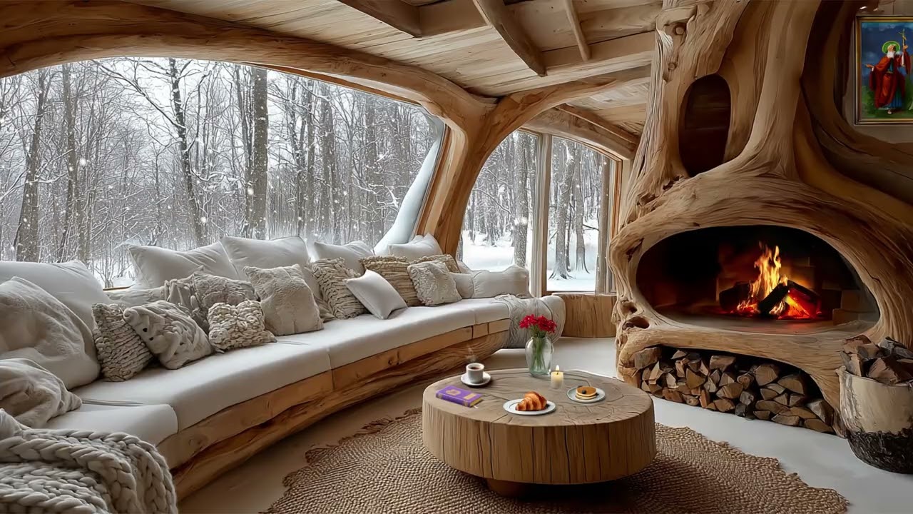 Cozy Winter Cabin Ambience with Crackling Fireplace & Snowfall