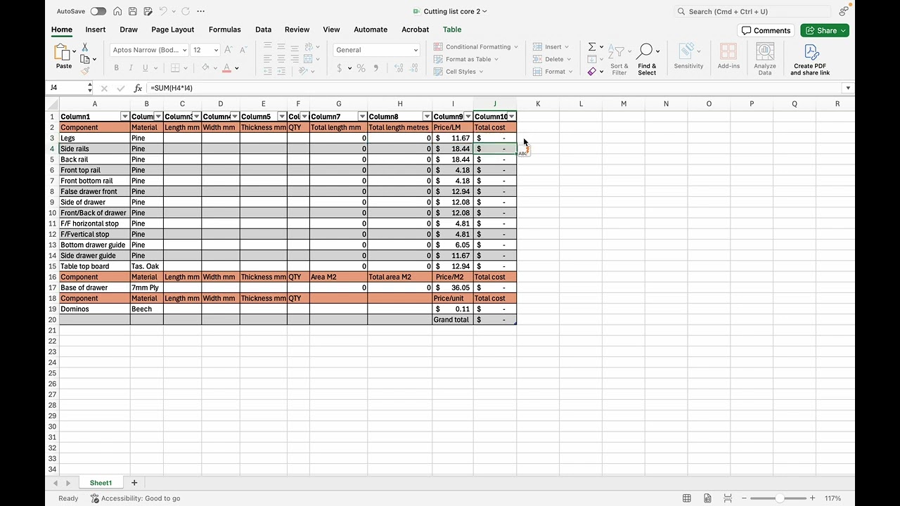 EXCEL SPREADSHEET CUTTING LIST VIDEO