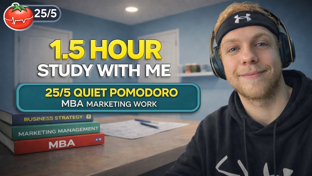 ASMR | 1.5 Hour Study With Me | 25/5 Quiet Pomodoro — MBA Marketing Work