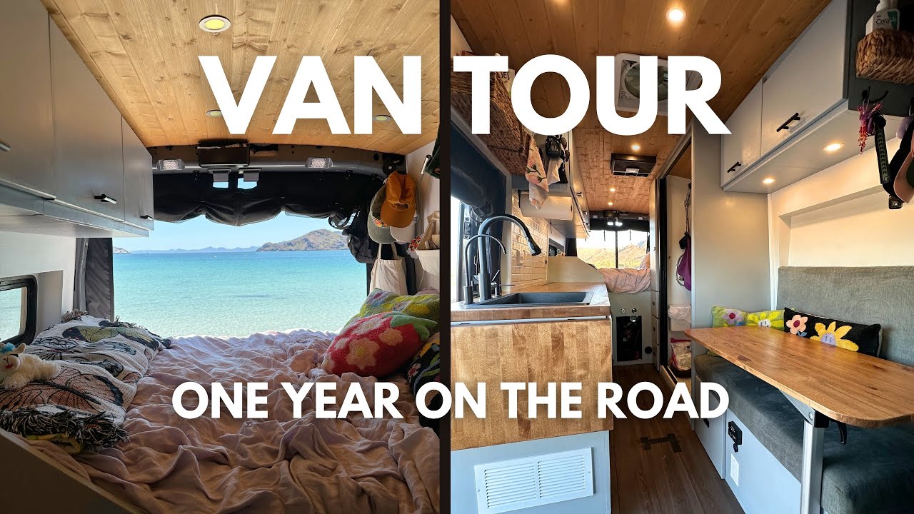 VAN TOUR: DIY transit van build for remote work, w/shower & huge kitchen (1 year on the road)