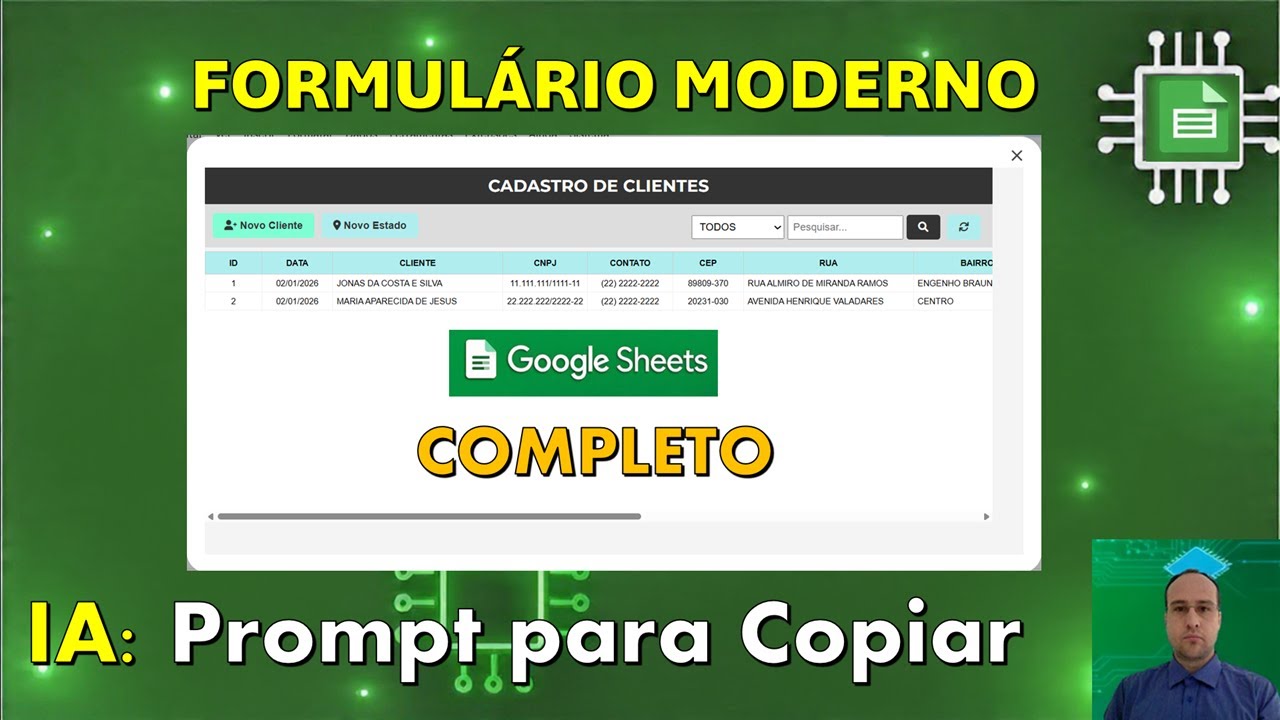 Cadastro de Clientes Moderno com IA no Google Planilhas | Completo com 1 Prompt