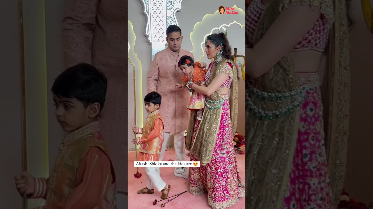 Akash Ambani and Shloka Mehta with their kids at Anant Ambani and Radhika Merchant&rsquo;s wedding. ✨