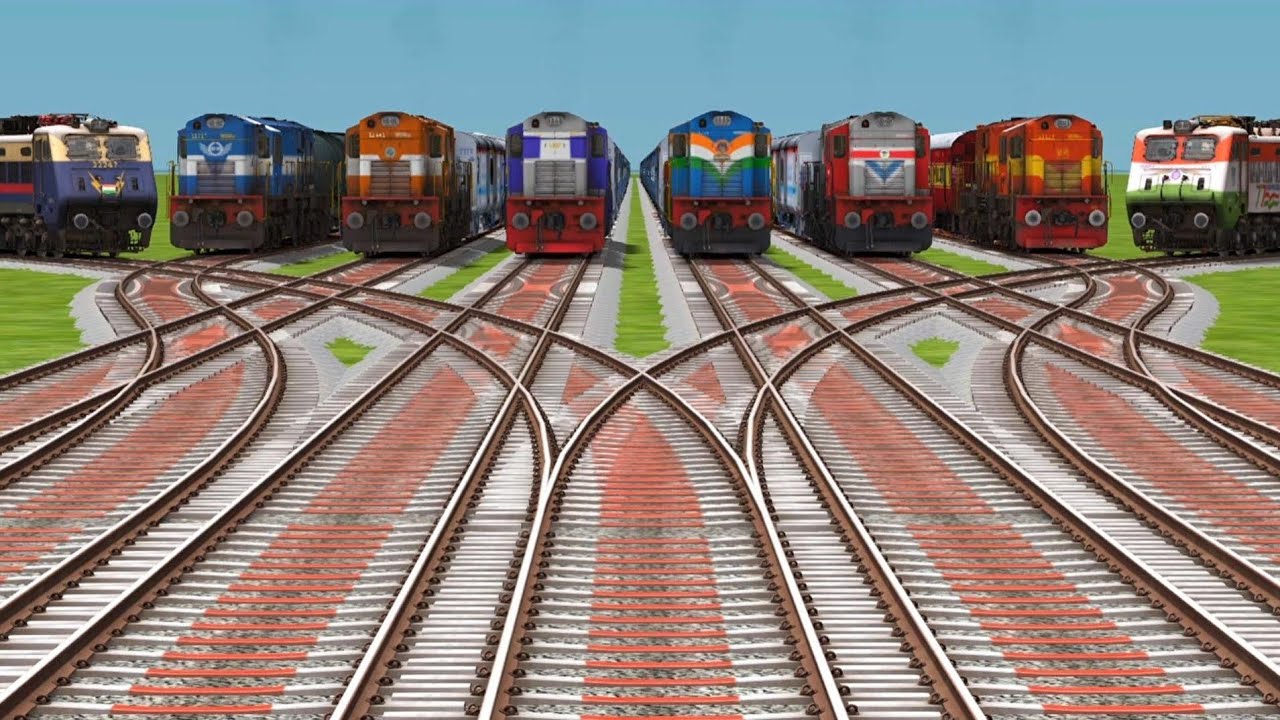 8 Trains Railroad Crossing Train Games Videos || Steam Locomotive Bhartiya Rails Tracks Trainz
