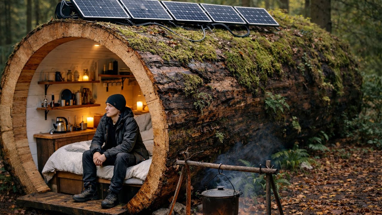 Building a House Inside a Giant Tree Trunk | Forest ASMR Cabin Build.
