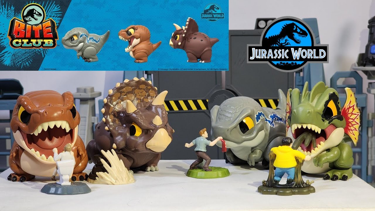 Jurassic World Bite Club Dinos Gorditos y Bonitos!! T-Rex, Triceratops, Blue y Dilophosaurus!