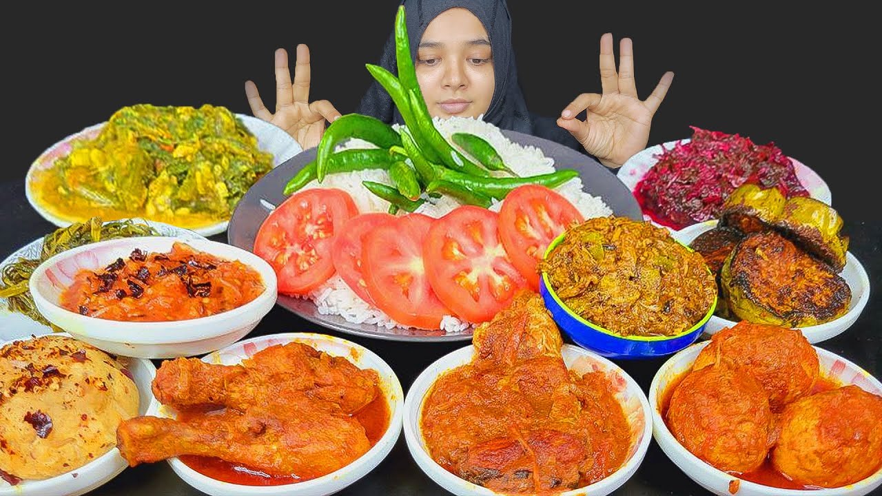 REAL MUKBANG EATING SPICY CHICKEN CURRY, FISH CUURY, EGG CURRY,BHARTA,BRINJAL FRY,GREEN CHILLI #asmr