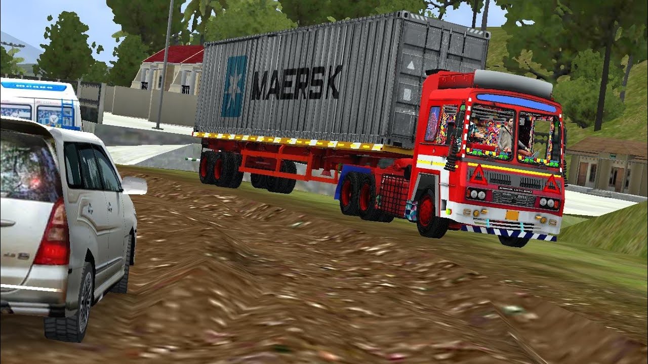 Long MAERSK Trailer Lorry Cargo delivery through OFFROAD Village | BUSSID