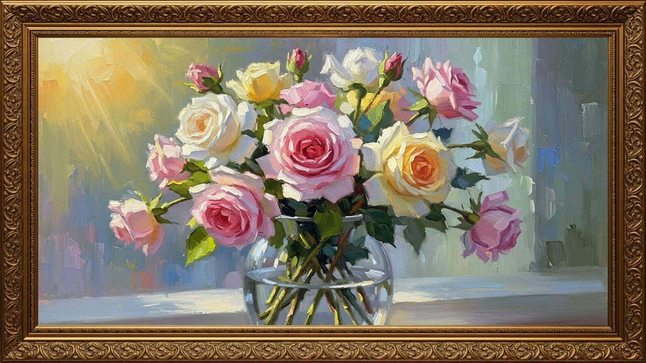 Romantic Flower Vase Painting | Peaceful Floral Art Screen