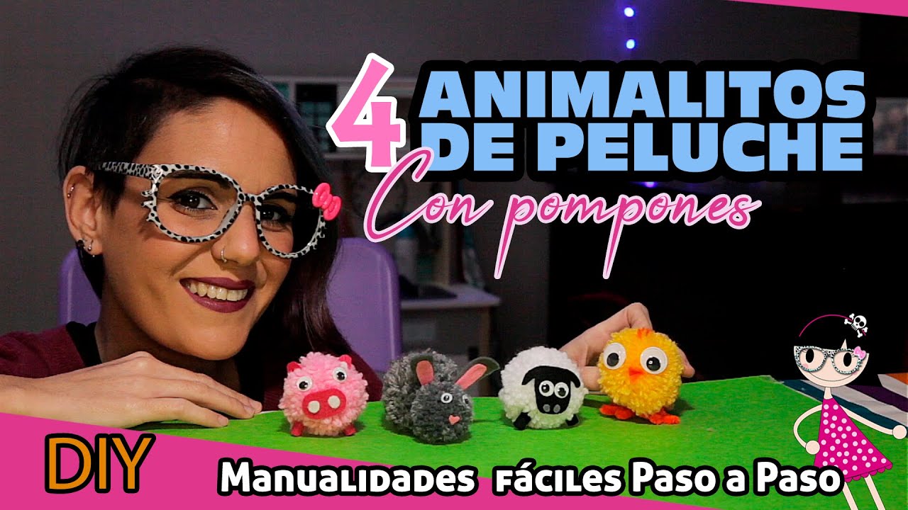 ⭐como hacer POMPONES de LANA 😊 4 ANIMALITOS con pompones 🐇🐑🐥🐷  | Manualidades fáciles