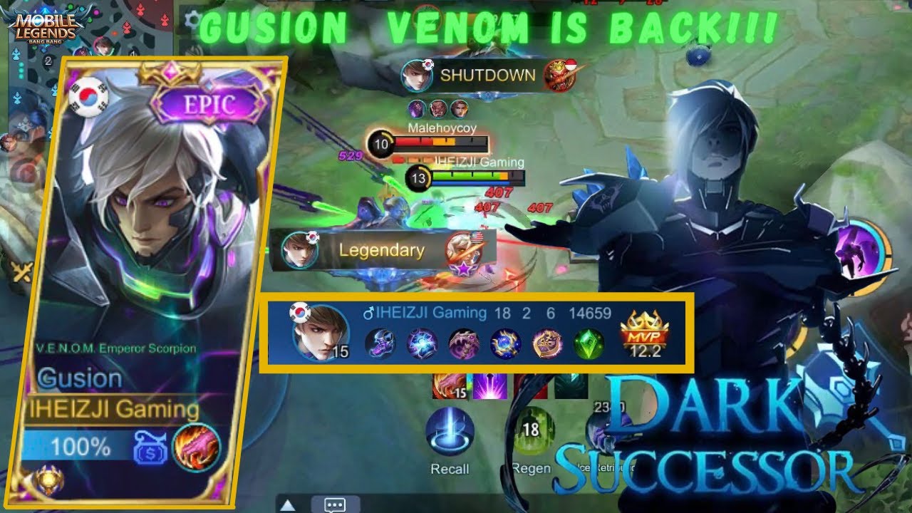 GUSION VENOM IS BACK!!! BEST JUNGLER 2021 BEST BUILD GUSION 2021 - GUSION GAMEPLAY - MOBILE LEGENDS