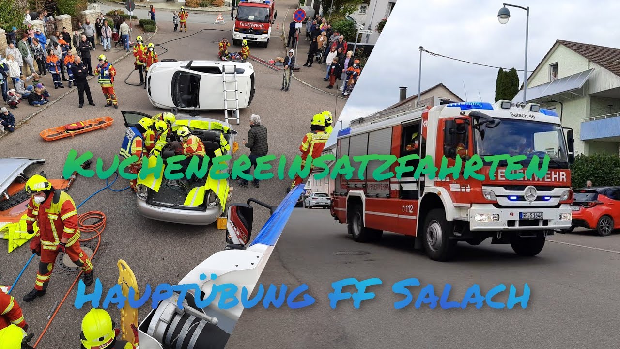 Hauptübung Feuerwehr Salach Einsatzfahrt ELW + HLF 20 zu Verkehrsunfall + Dachentnahme PKW