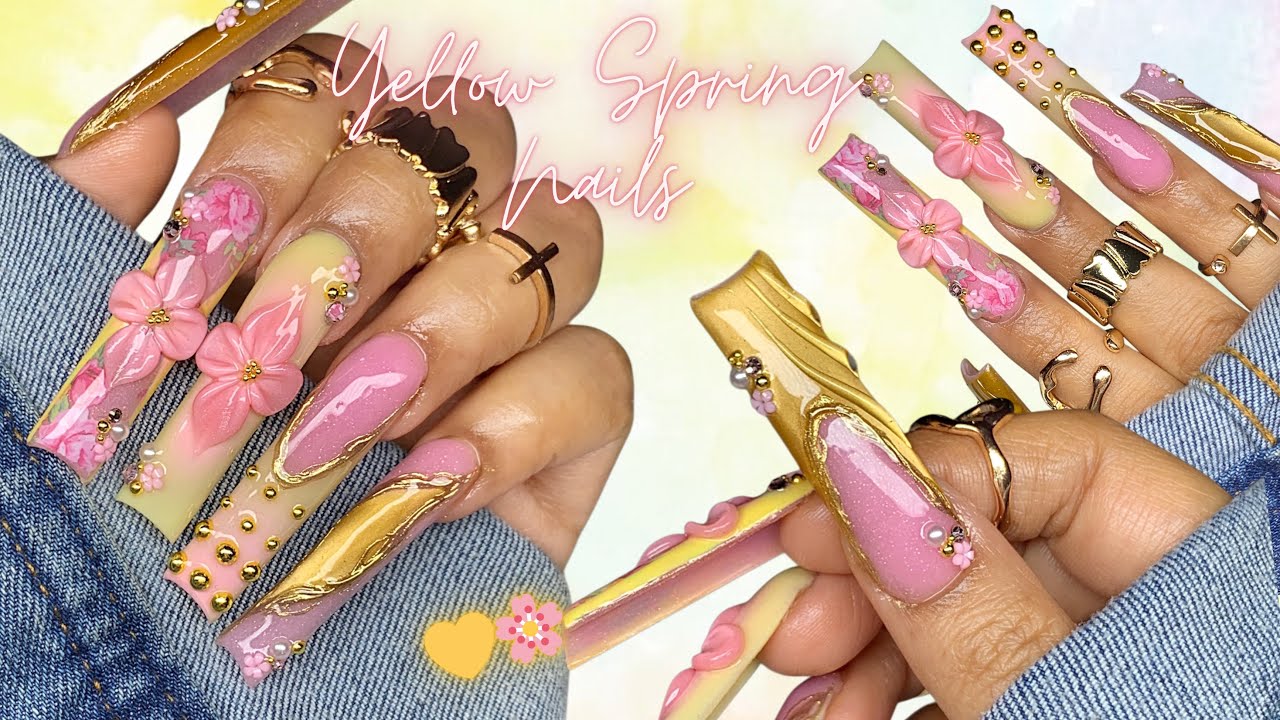 Весенний маникюр в желтых тонах с фольгой и &laquo;кошачьим глазом&raquo; 💛🌸 / Наращивание акриловых ногтей