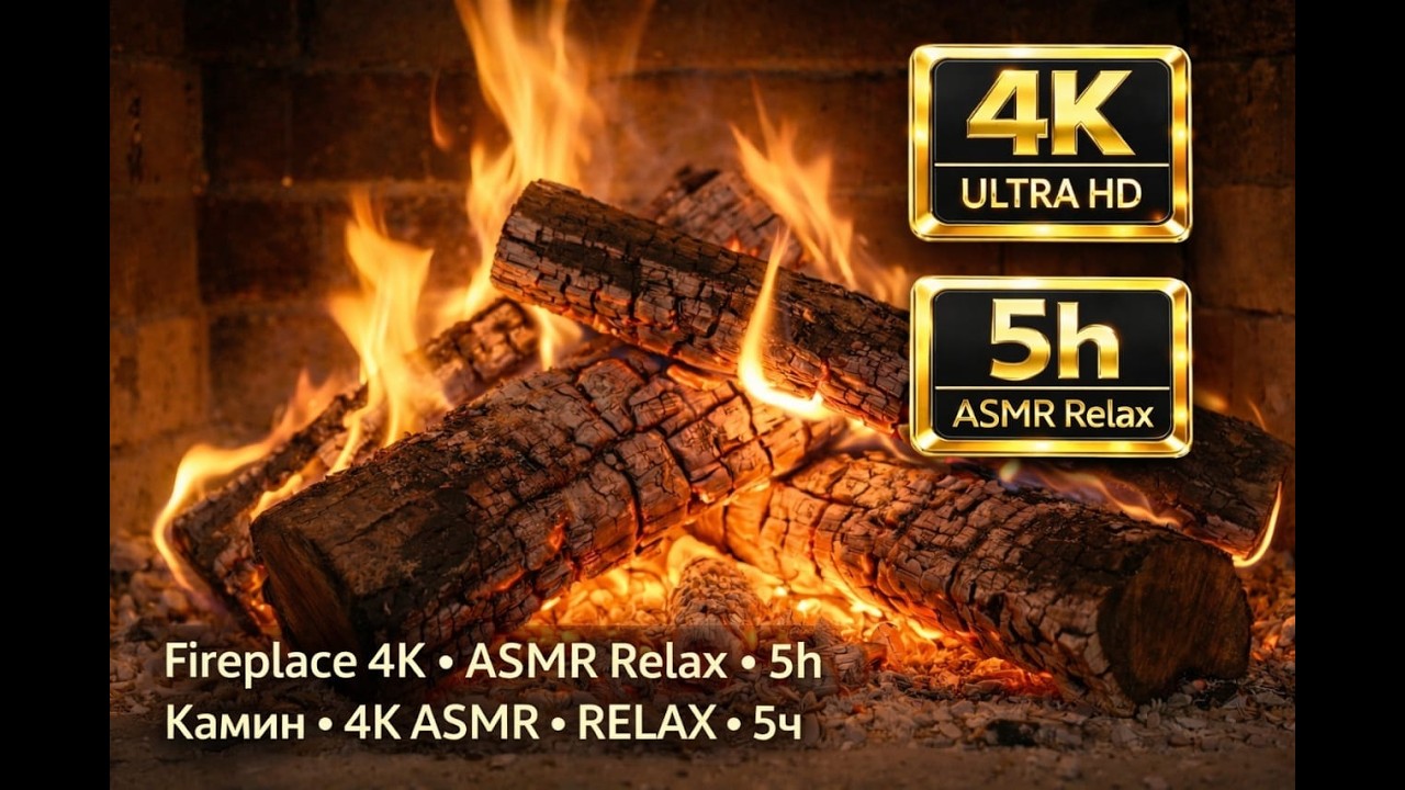 Cozy fireplace ambience with realistic crackling fire sounds for relaxation.               Камин 4К