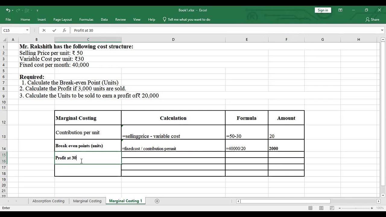 Marginal Costing Part 2 using Excel | Bcom | BBA | Bangalore University | Karnataka SEP BNU | BCU