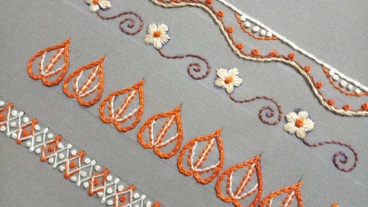 Hand embroidery of easy border motifs for neckline,shirt borders and for tablecloth borders
