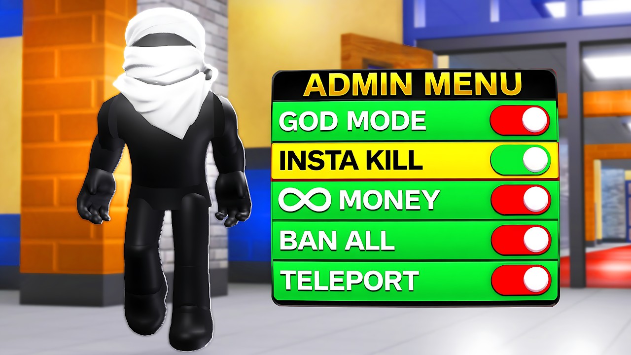 Администратор издевается над соперником в Roblox во время драки в школе.