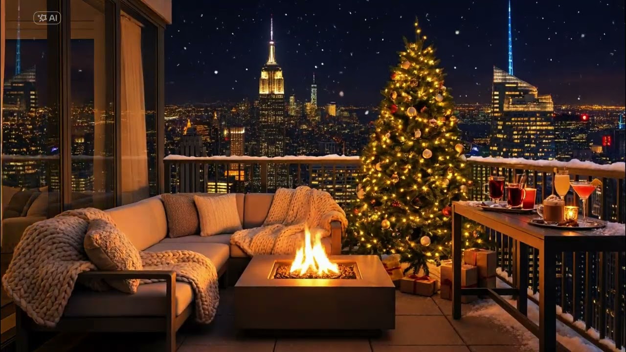 New York Christmas Balcony 🎄 Cozy Fire Pit, Snowfall & Manhattan Night
