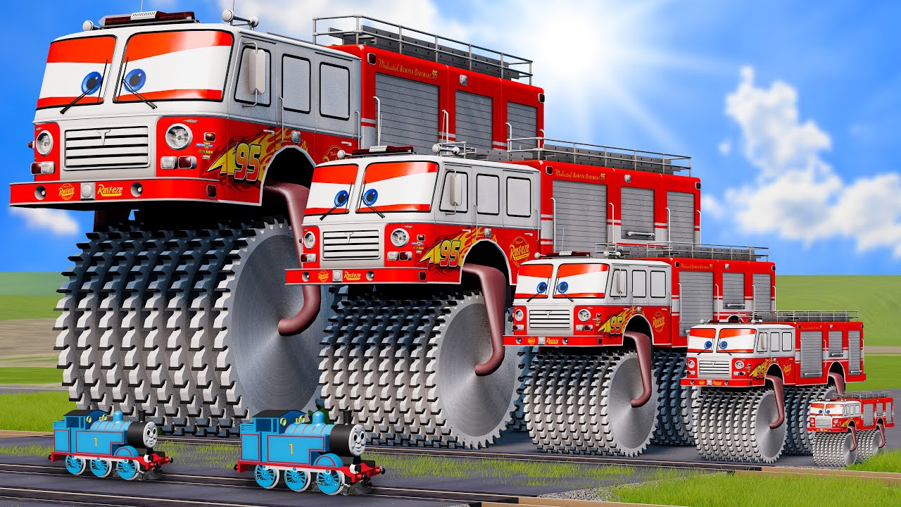 Big & Small Fire Truck Lightning Mcqueen Double Monster Saw Wheels vs Train Thomas | BeamNG.Drive