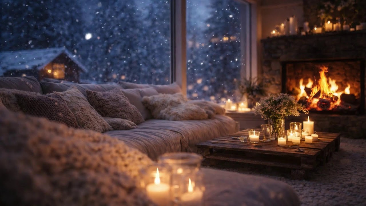 Cozy Winter Cafe Ambience 🔥 Fireplace & Soft Jazz for Relax, Focus & Sleep