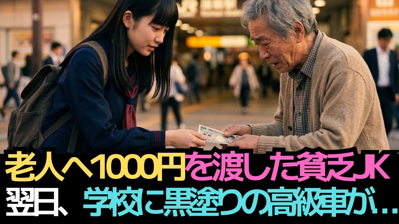 駅前で困っていた老人に、母からもらった最後の1000円を渡した貧乏な女子高生。翌日、学校の前に黒塗りの高級車が現れて…