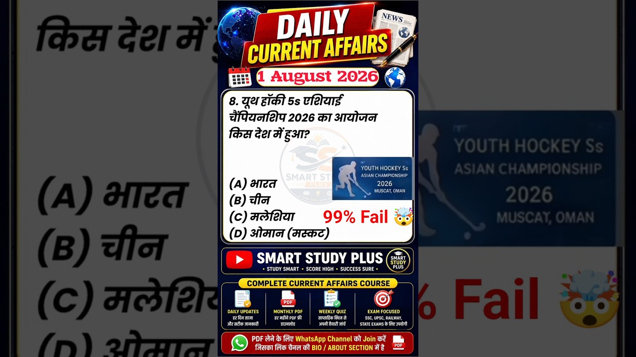 1 August 2026 Current Affairs Question|Top 10 Daily Current Affairs Questions |SSC Railway Exam 2026