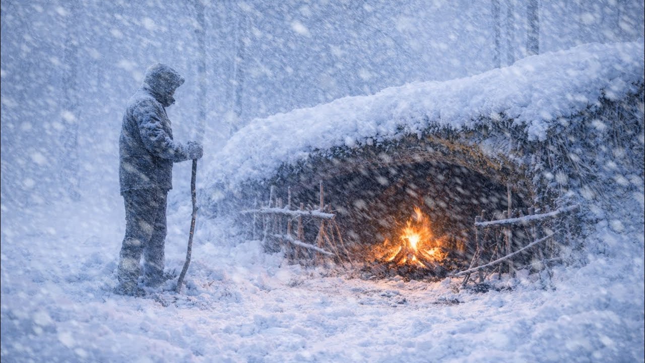 Caught in a Heavy Snowstorm - Warm Shelter with a Campfire Under a Tree at -21°C | Winter Camping