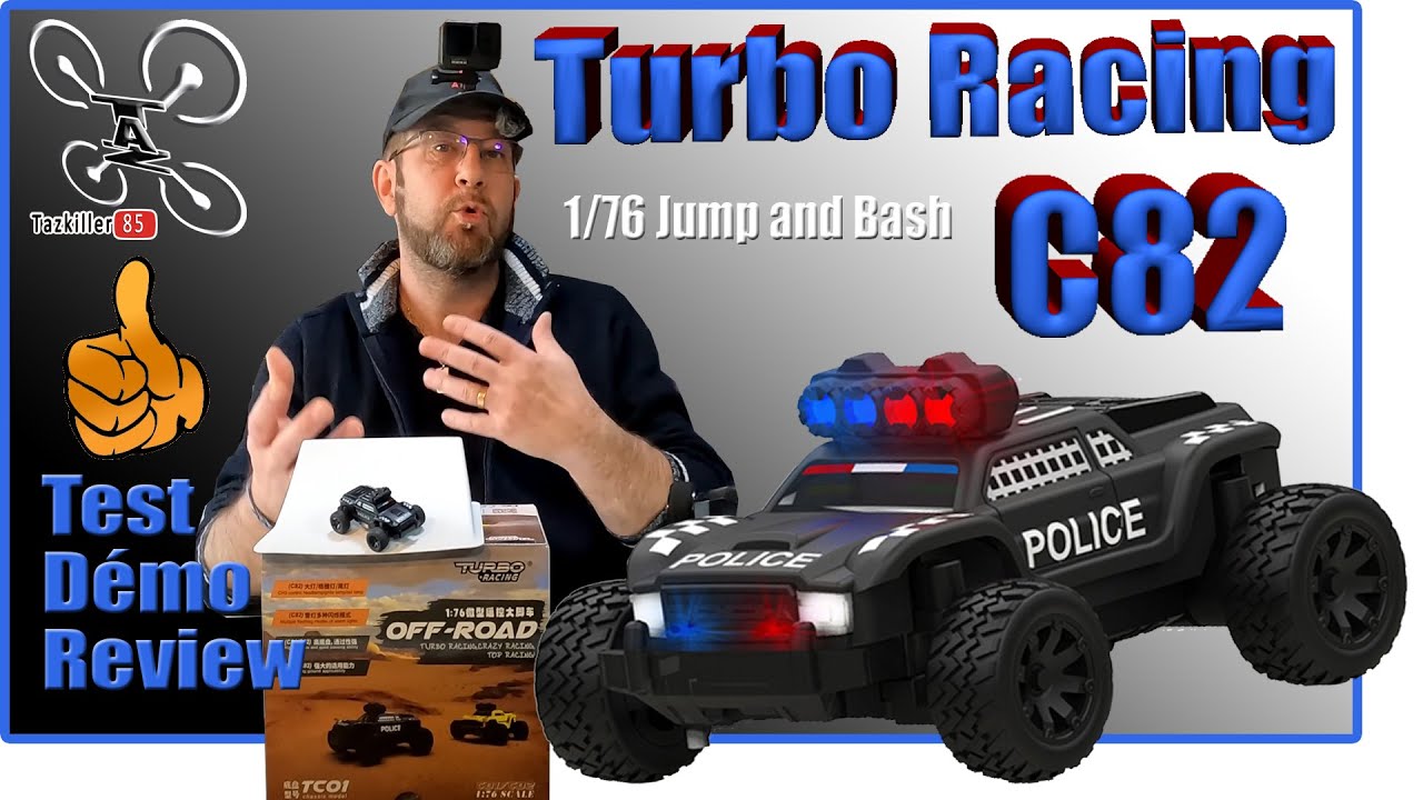 Turbo Racing C82 Pick-up POLICE 1/76 - Review Test Démo - min Jump & mini Bash !
