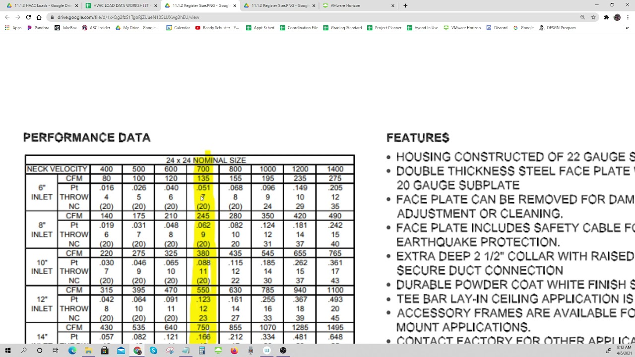 330 HVAC Load Data   Register Size Selection   Revit