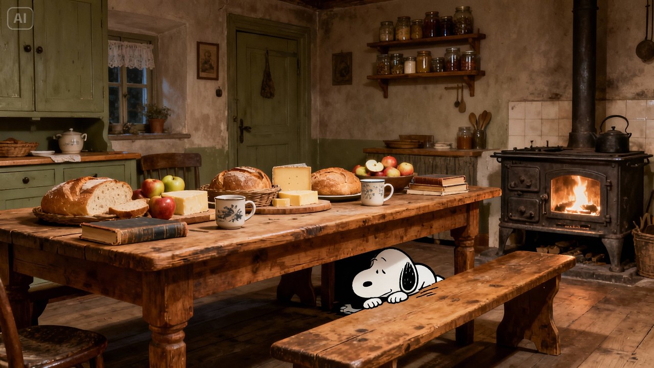 A Warm 1940s Kitchen Morning with Snoopy ☕ | Soft Vintage Jazz Playing in Another Room