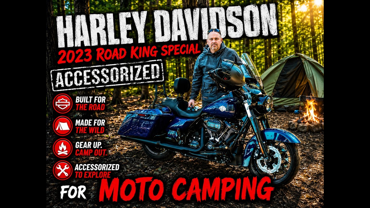 Harley Davidson Road King outfitted for Moto Camping. Accessories for securing your gear.