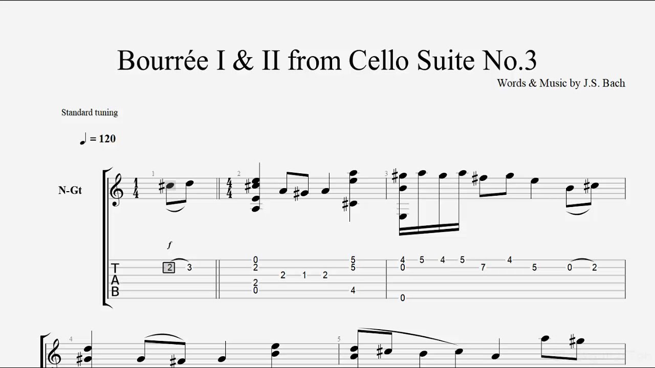 Classical Guitar Songs: Bourrée I & II from Cello Suite No 3-  S Bach