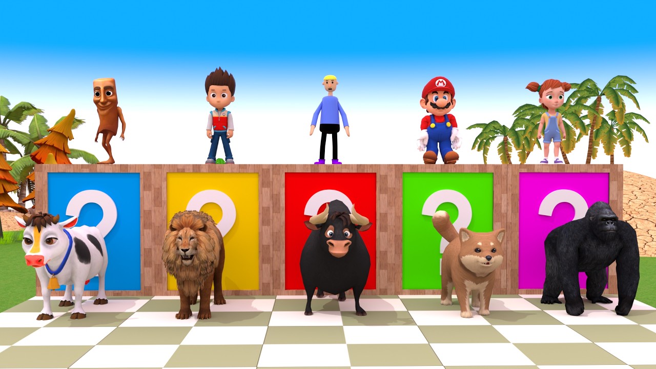 Long Slide With Gorilla  Elephant  Bull Dog | Chinku Minku Funny 3D Animal Game | Animal Challenge