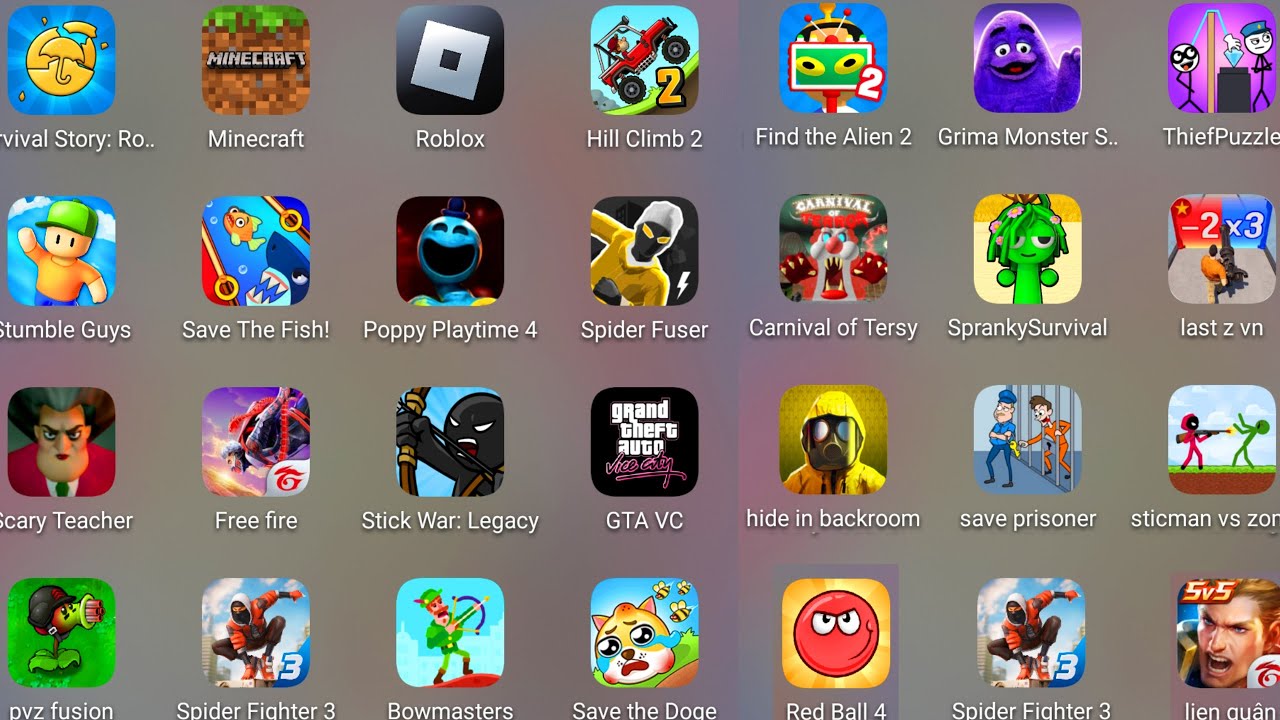 Roblox,Scary Teacher 3D,Poppy Playtime 4,Hide In The Backroom,Carnival of Terror,Spider Fuser.......