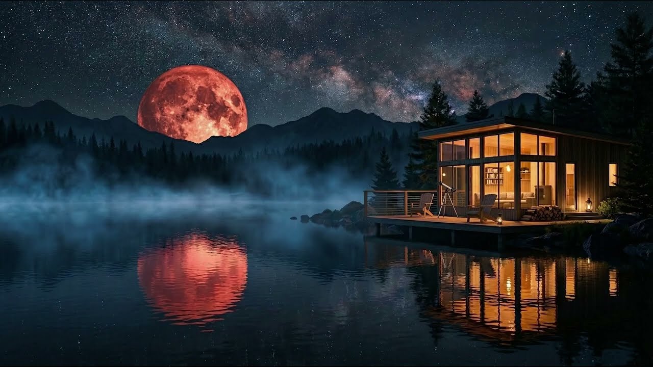 Red Moon Lake Cabin | Deep Calm Night Ambience | Relaxing Meditation Music