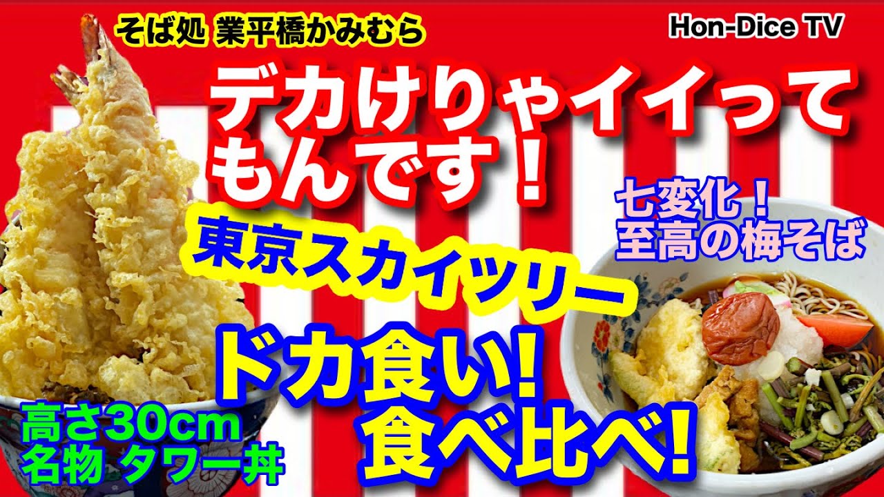 【高さ30cmドカ食い】巨大天丼よオレの日照権を返せ！/日陰でタワー丼と梅そばを食べくらべ！東京スカイツリー東京観光オススメ店！/そば処 業平橋 かみむら/【Hon-Dice TV】 #グルメ #東京