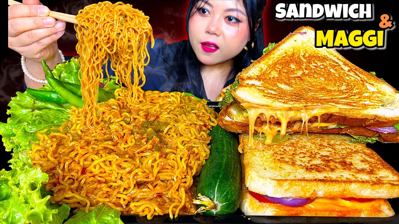 Eating 🔥Spicy Masala Maggi with Cheesy Sandwich | Mukbang ASMR