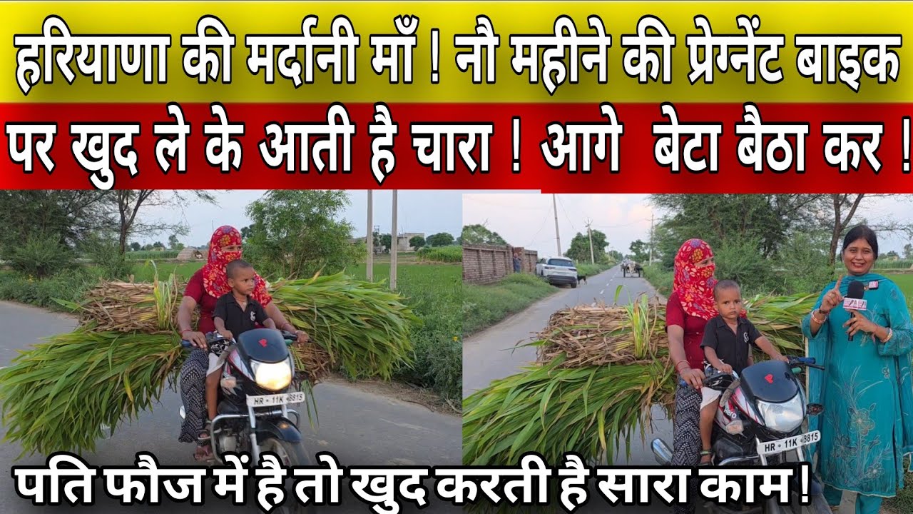 पति फौज में हैं तो नौ महीने की प्रेग्नेंट मां खुद करती है सारा काम ! बाइक पर लेकर आती है चारा !